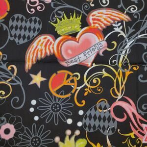 Cotton Fabric Best Friends Hearts Flowers Peace Black 19"x44" Bright Print